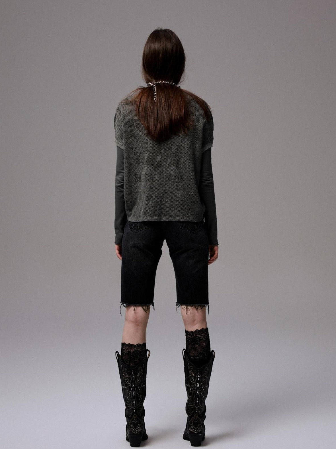 1JINN STUDIO Distressed Print V-neck Colorblock Badge Rugby Women&