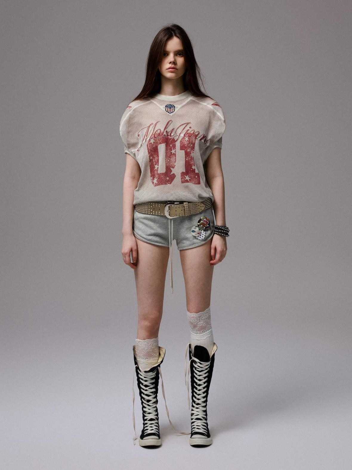 1JINN STUDIO Distressed Print V-neck Colorblock Badge Rugby Women&