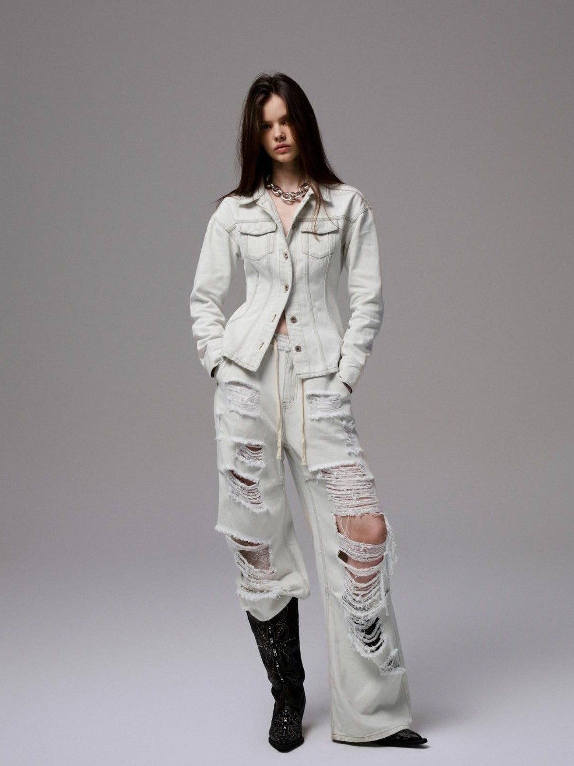 1JINN STUDIO Distressed White Cinched Waist Slimming Polo Collar Women&
