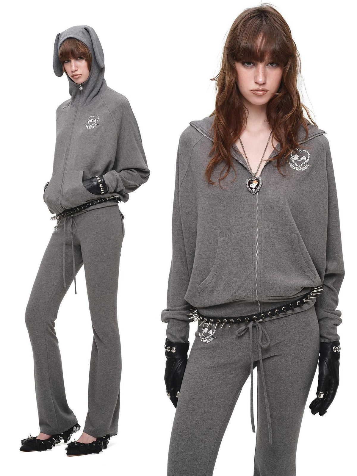 1JINN STUDIO Dog Ear Print Batwing Sleeve Hooded Women&