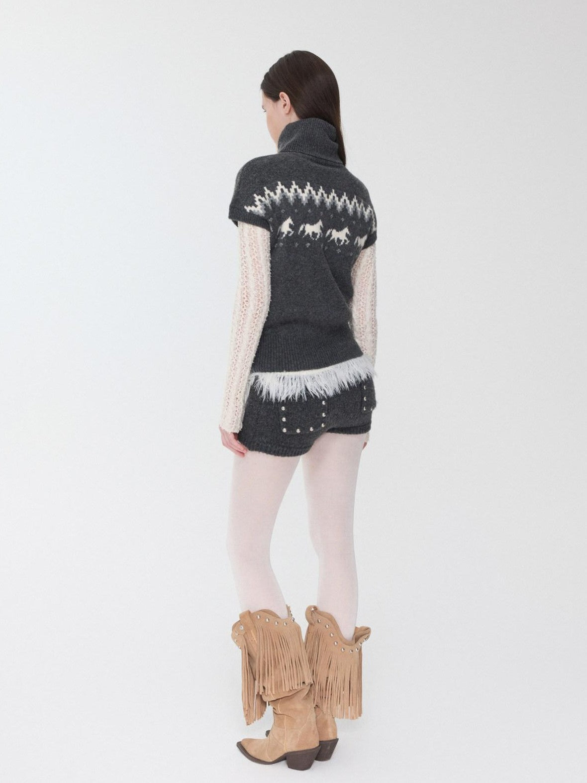 1JINN STUDIO Fair Isle Pony Jacquard High Neck Short Sleeve Women&