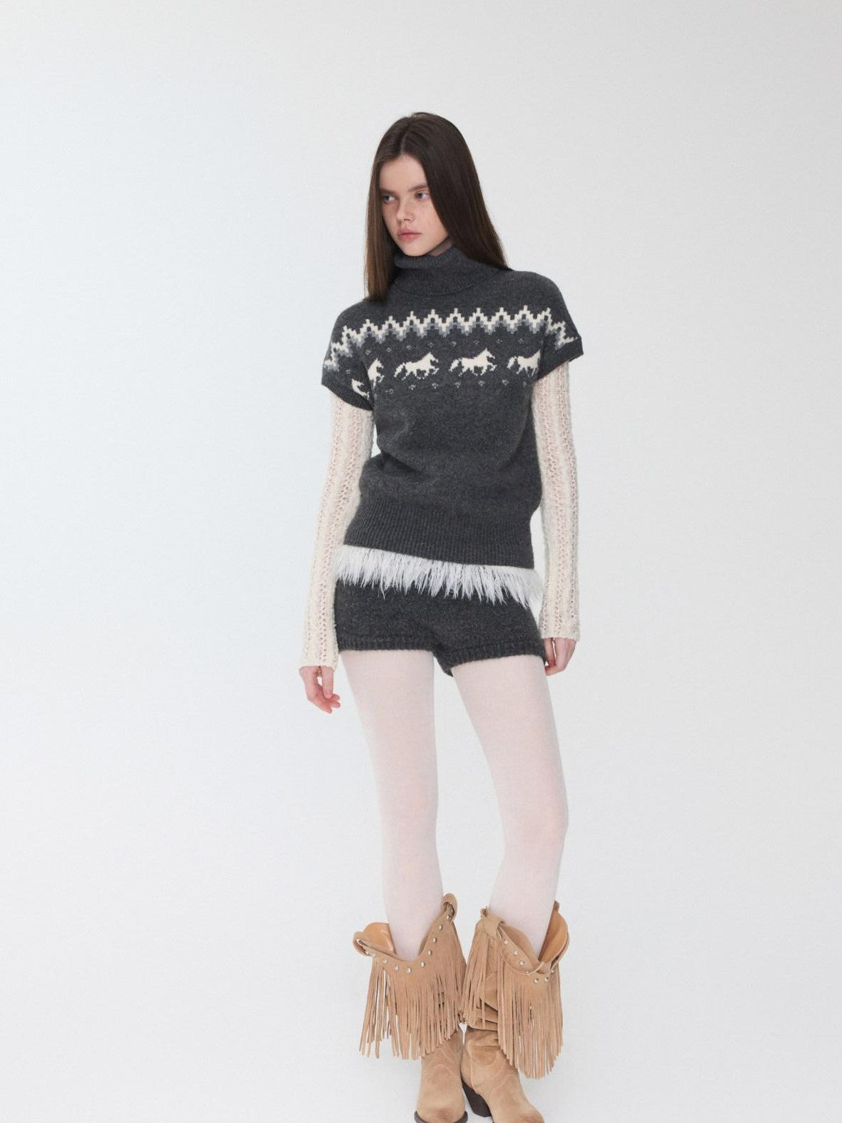 1JINN STUDIO Fair Isle Pony Jacquard High Neck Short Sleeve Women&