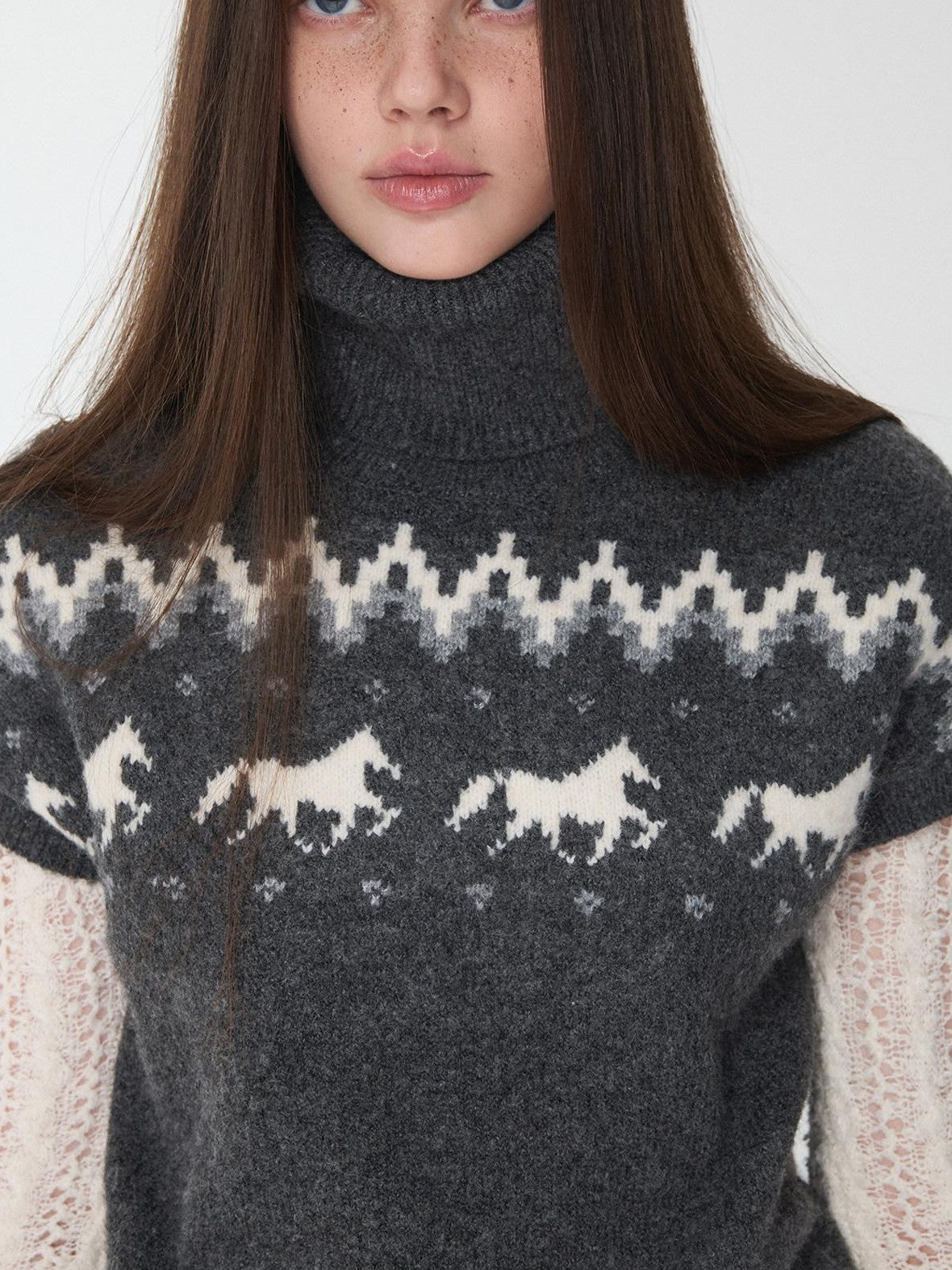1JINN STUDIO Fair Isle Pony Jacquard High Neck Short Sleeve Women&