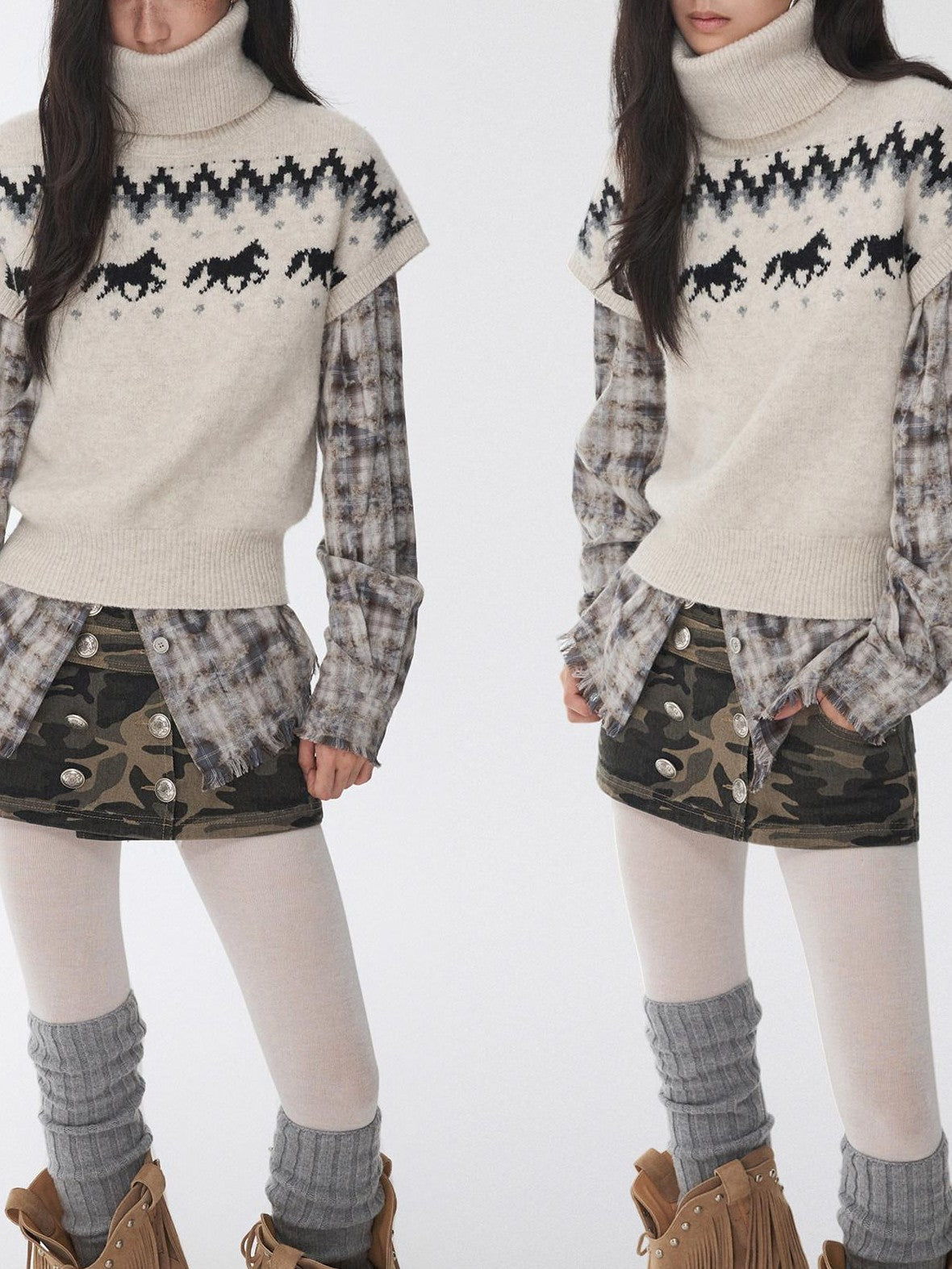 1JINN STUDIO Fair Isle Pony Jacquard High Neck Short Sleeve Women&