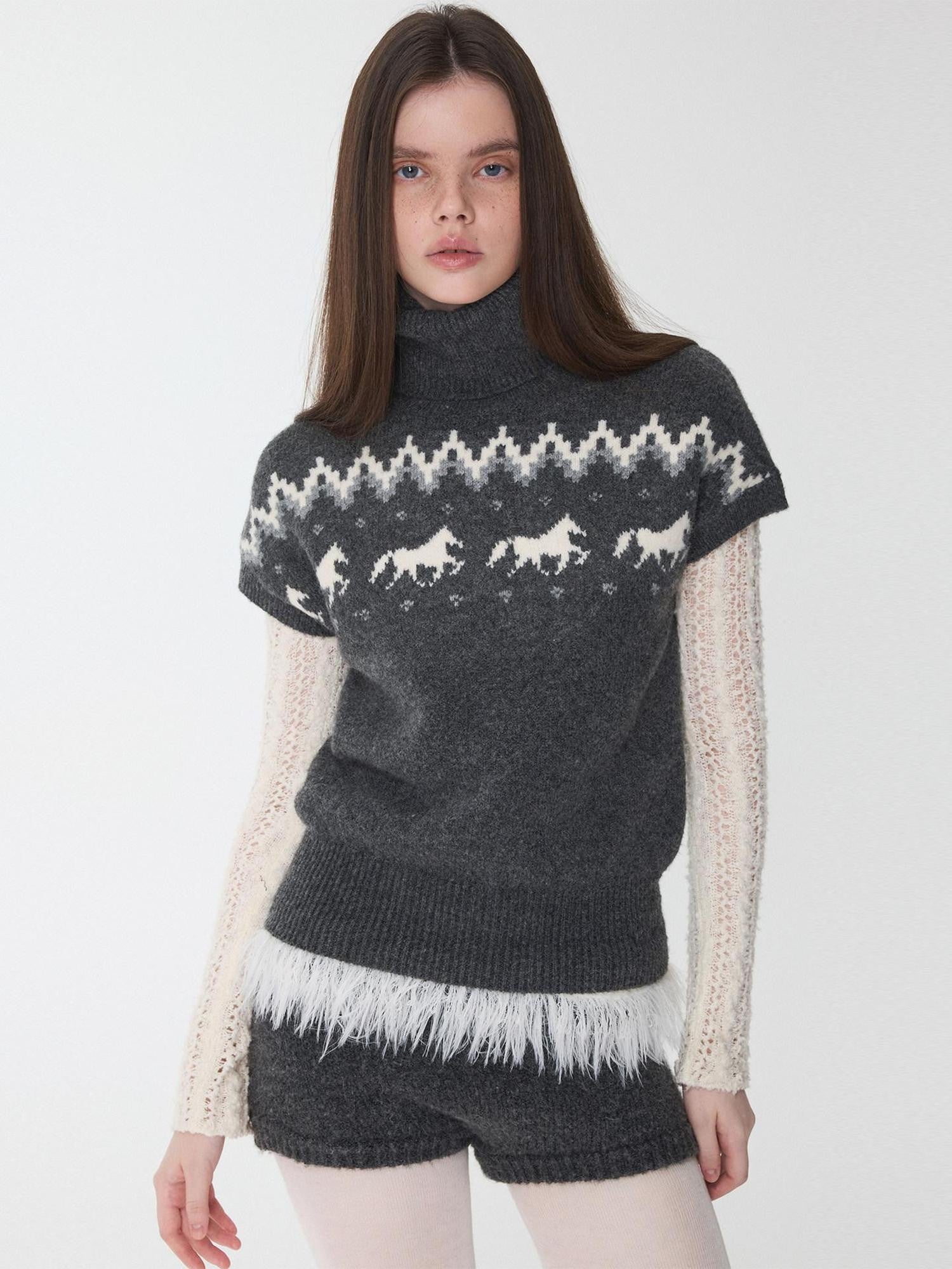 1JINN STUDIO Fair Isle Pony Jacquard High Neck Short Sleeve Women&