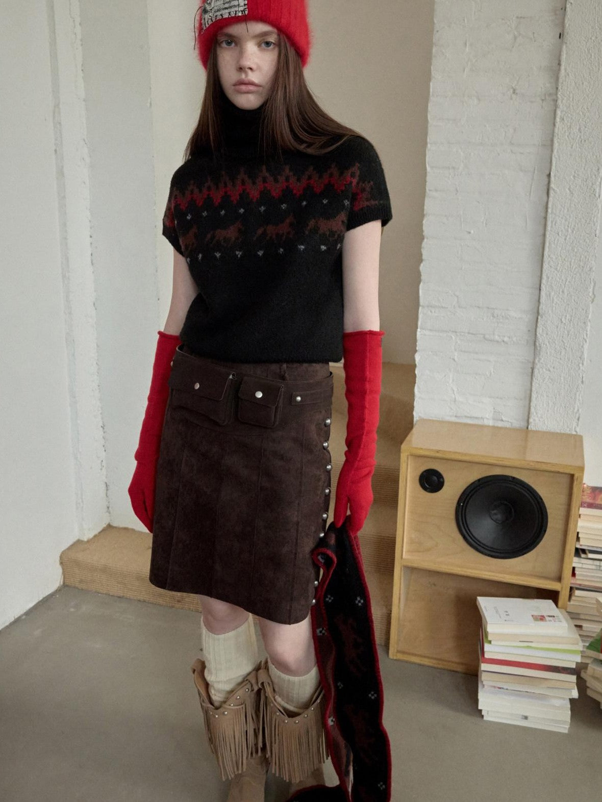 1JINN STUDIO Fair Isle Pony Jacquard High Neck Short Sleeve Women&