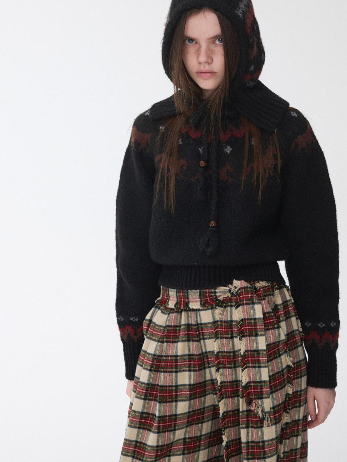 1JINN STUDIO Fair Isle Pony Raglan Frayed Neckline Women&