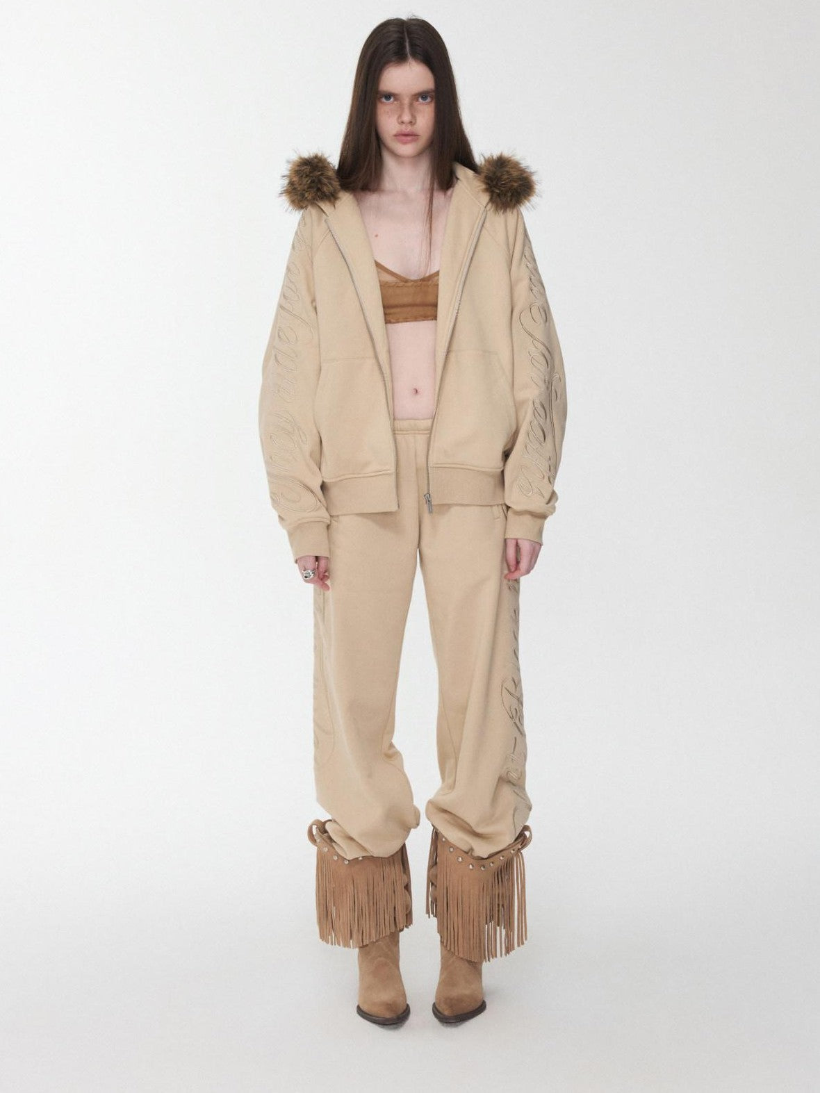 1JINN STUDIO Faux Fur Collar Script Embroidered Women&
