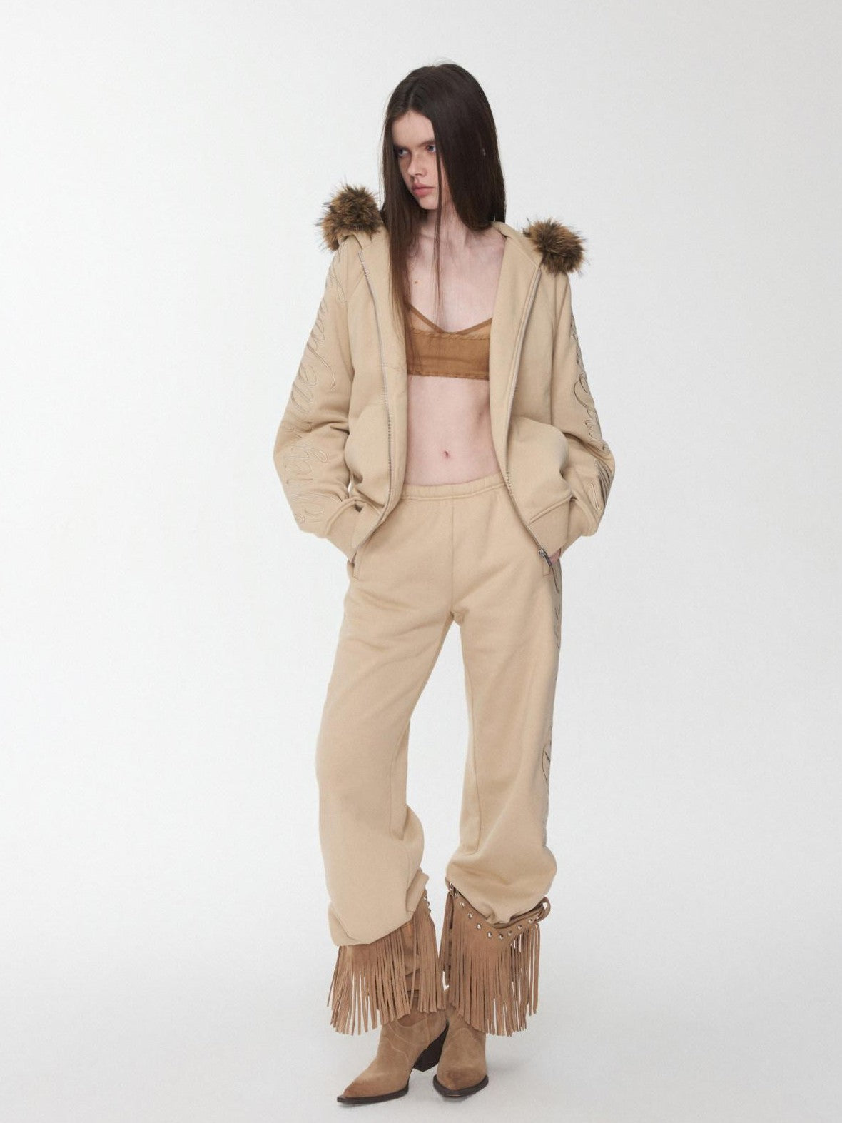 1JINN STUDIO Faux Fur Collar Script Embroidered Women&