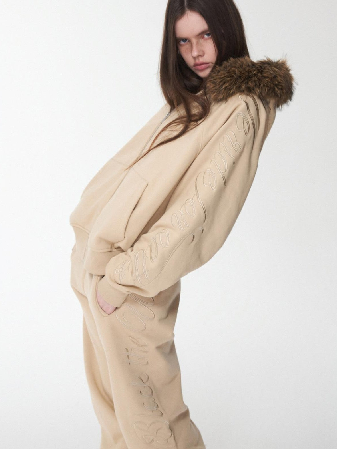 1JINN STUDIO Faux Fur Collar Script Embroidered Women&