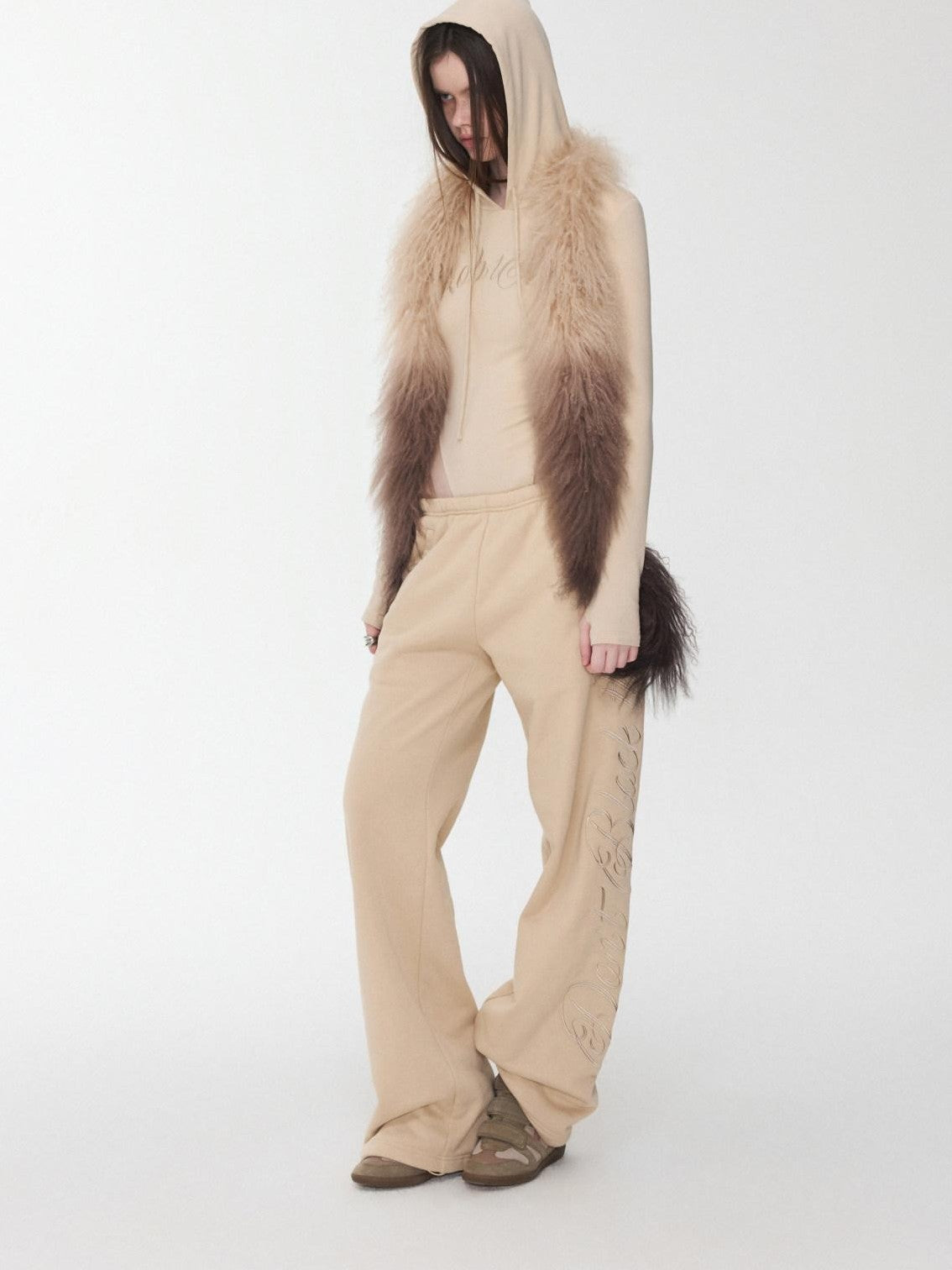 1JINN STUDIO Faux Fur Collar Script Embroidered Women&