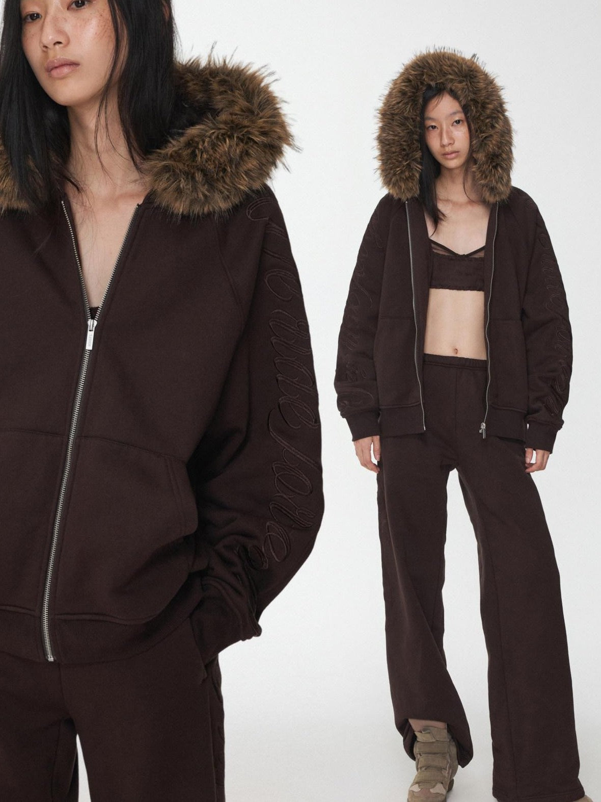 1JINN STUDIO Faux Fur Collar Script Embroidered Women&