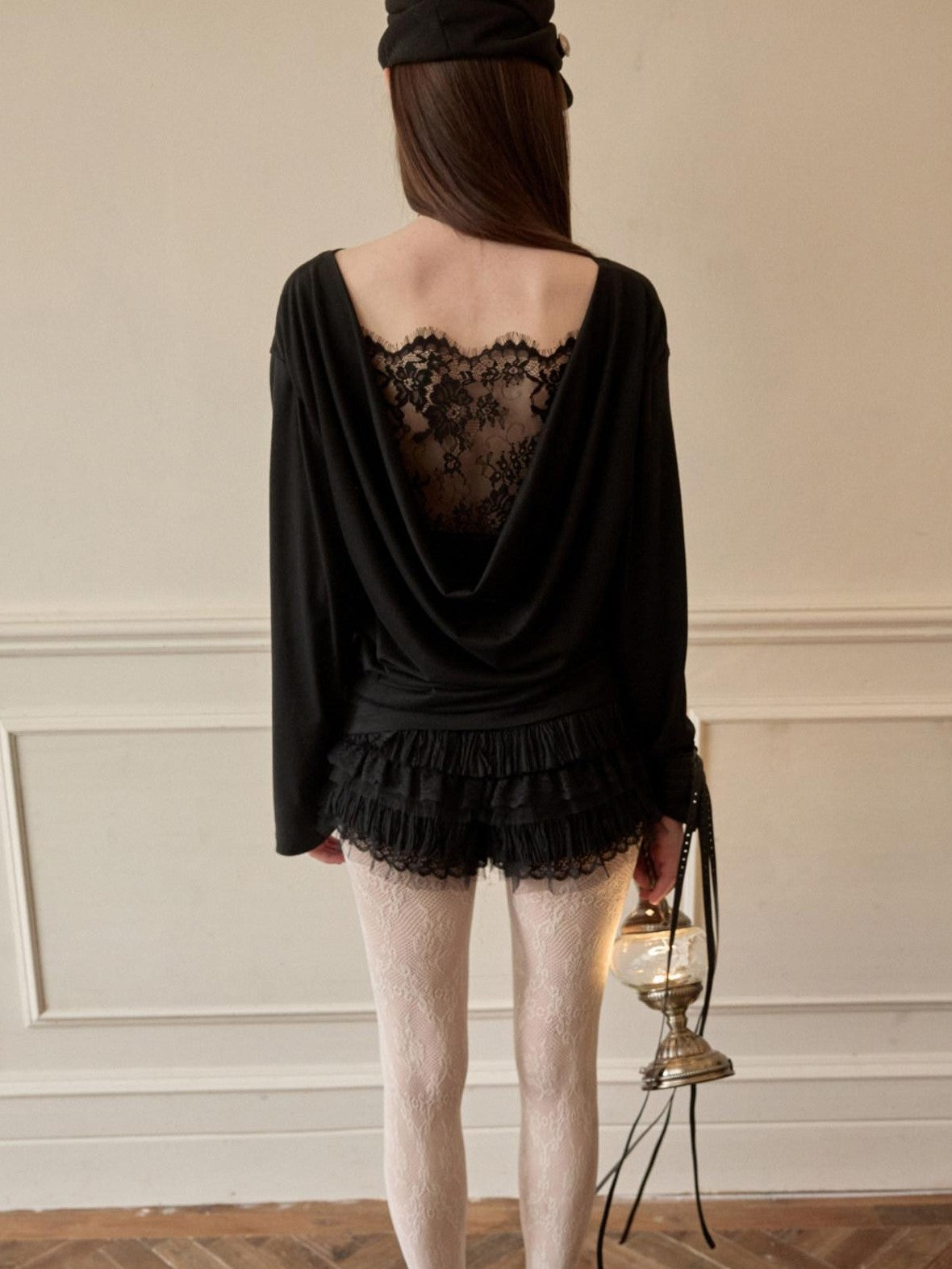 1JINN STUDIO Faux Layered Lace Splice Slim Drape Neck Two Way Women&