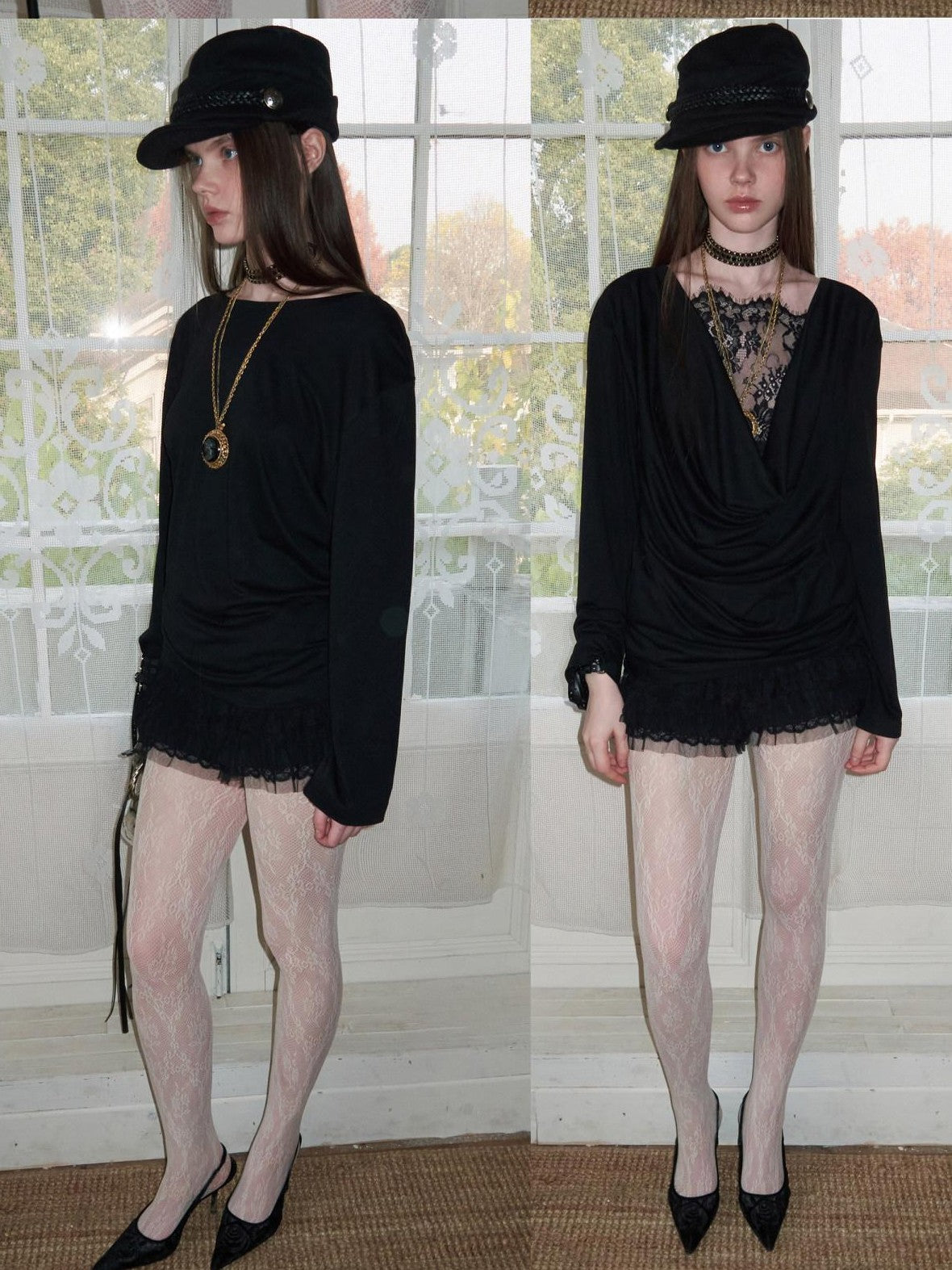 1JINN STUDIO Faux Layered Lace Splice Slim Drape Neck Two Way Women&