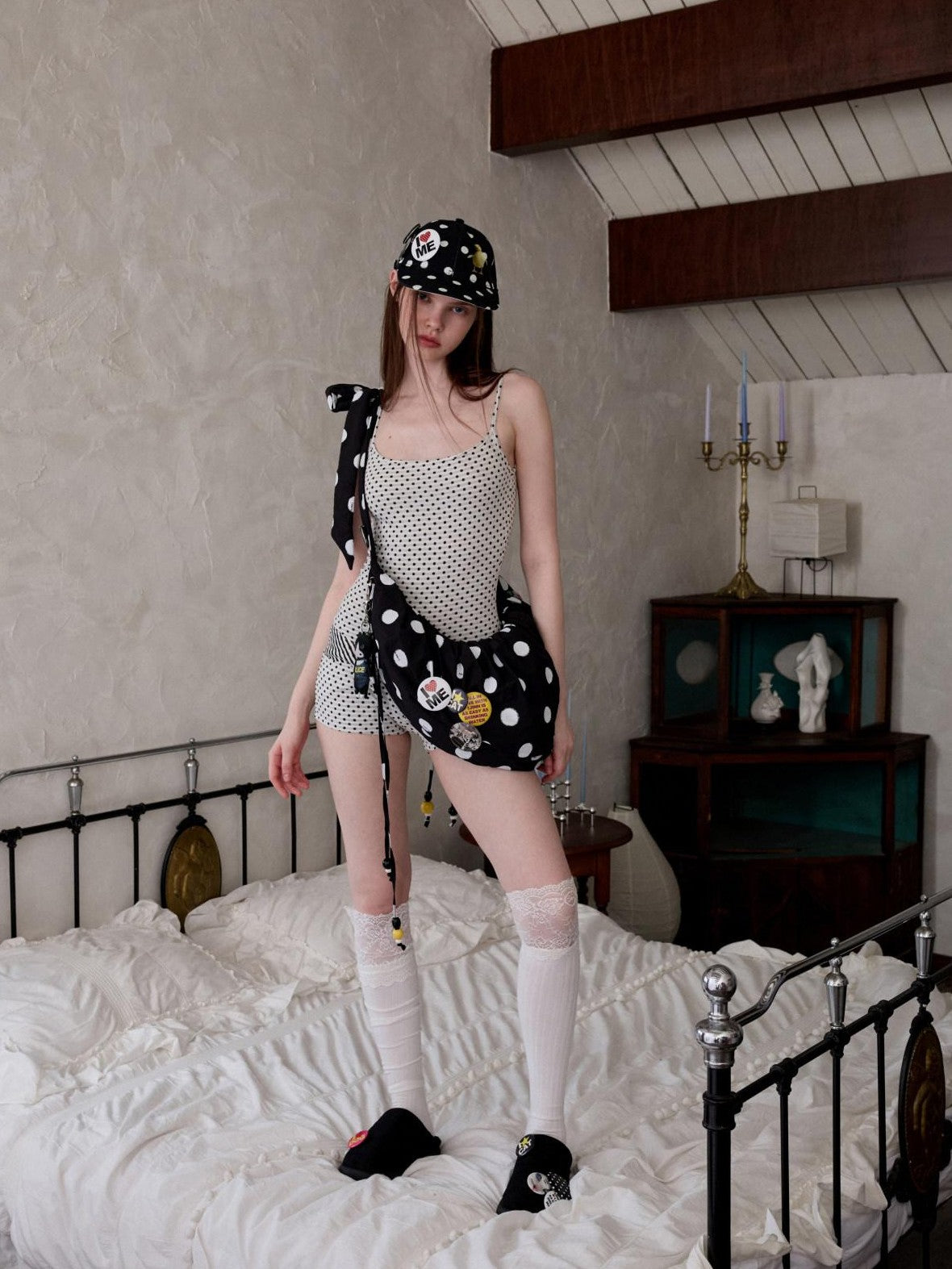 1JINN STUDIO Flat Brim Patch Black White Polka Dot Animal Print Women&