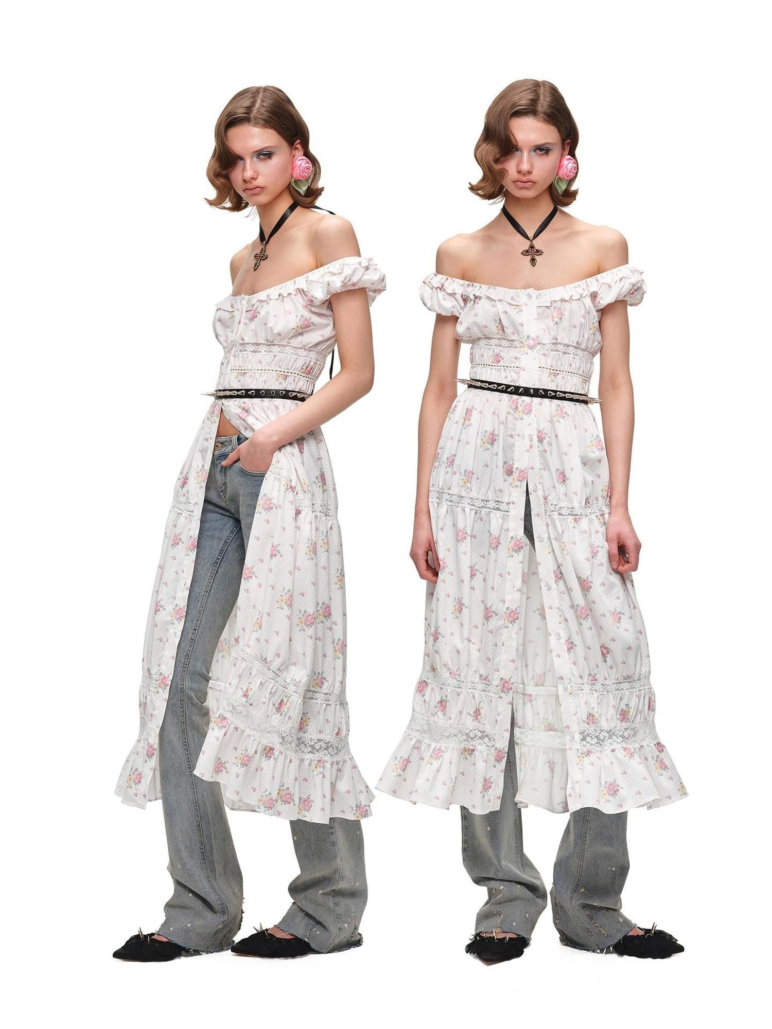 1JINN STUDIO Floral Cutout Lace U Neck Off Shoulder Women&