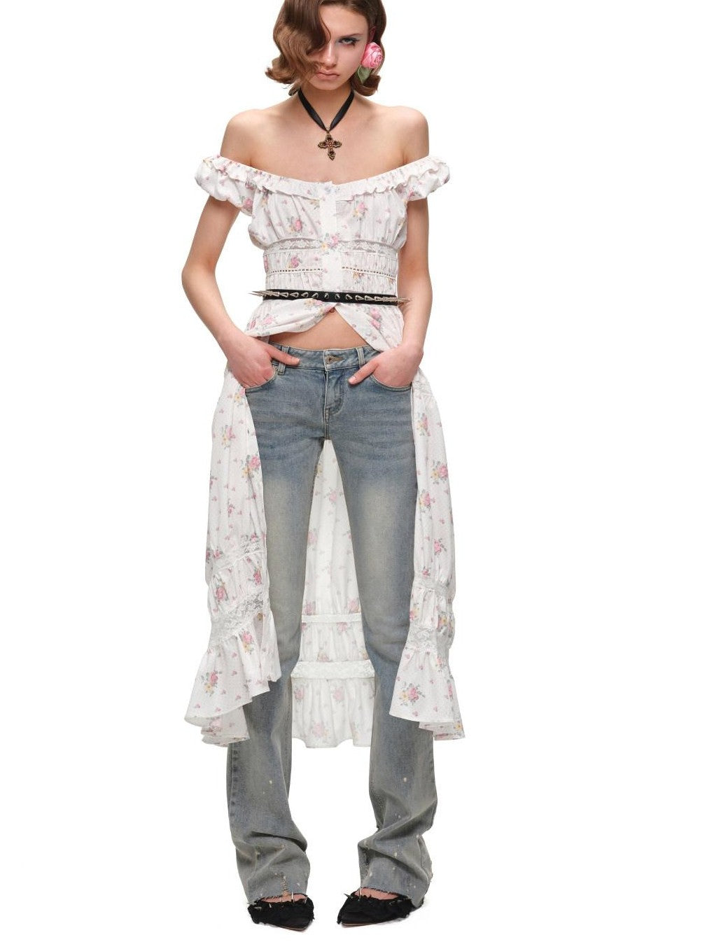 1JINN STUDIO Floral Cutout Lace U Neck Off Shoulder Women&