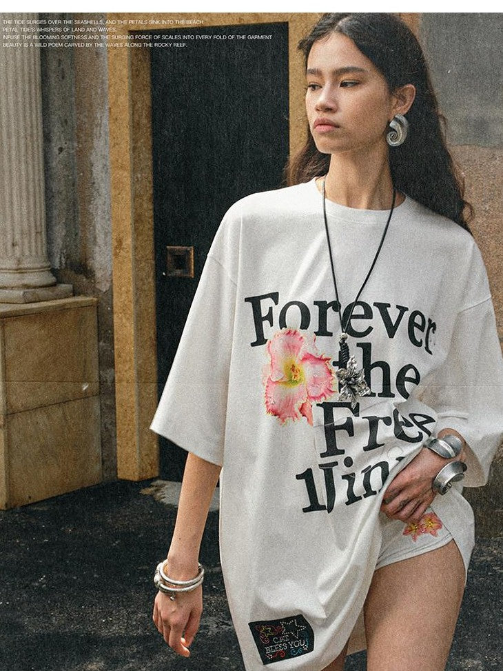 1JINN STUDIO Floral Letter Print Rhinestone Drop Shoulder Loose Women&