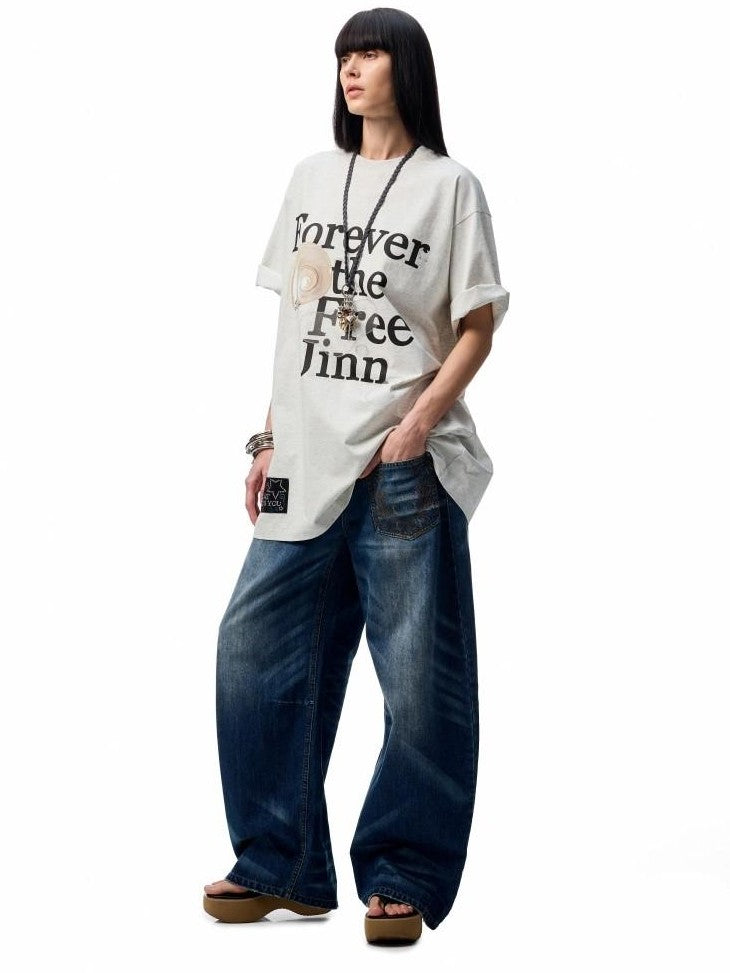 1JINN STUDIO Floral Letter Print Rhinestone Drop Shoulder Loose Women&