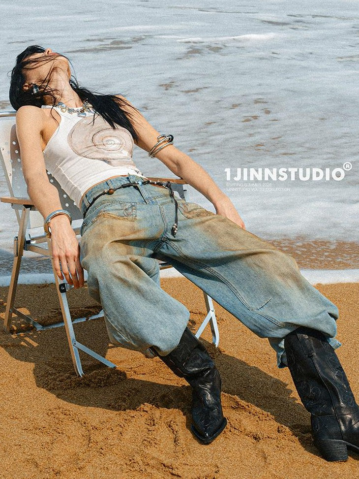 1JINN STUDIO Floral Print Hotfix Rhinestone Racerback Women&
