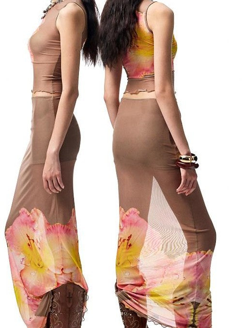 1JINN STUDIO Floral Print Rhinestone Mesh Vest Bodycon Skirt Women&