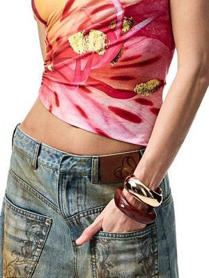 1JINN STUDIO Floral Print Ruched Asymmetric Shoulder Women&