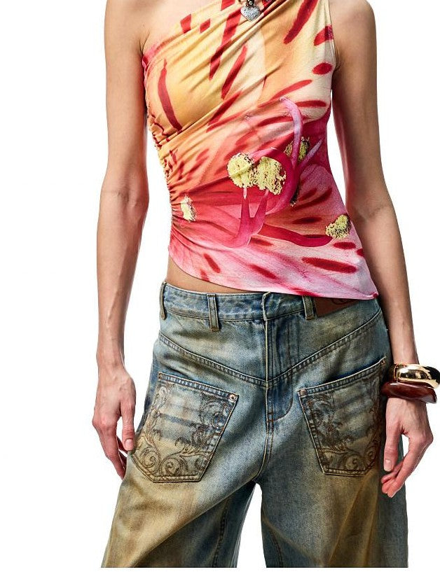 1JINN STUDIO Floral Print Ruched Asymmetric Shoulder Women&