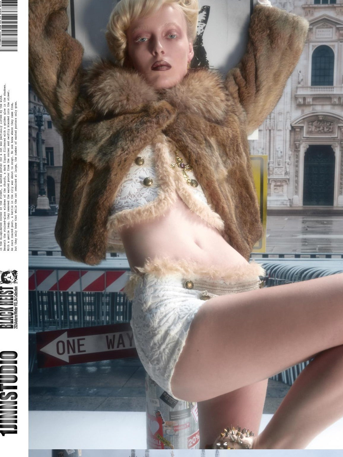 1JINN STUDIO Fluffy Faux Fur Lapel Collar Short Loose Fit Long Sleeve Women&