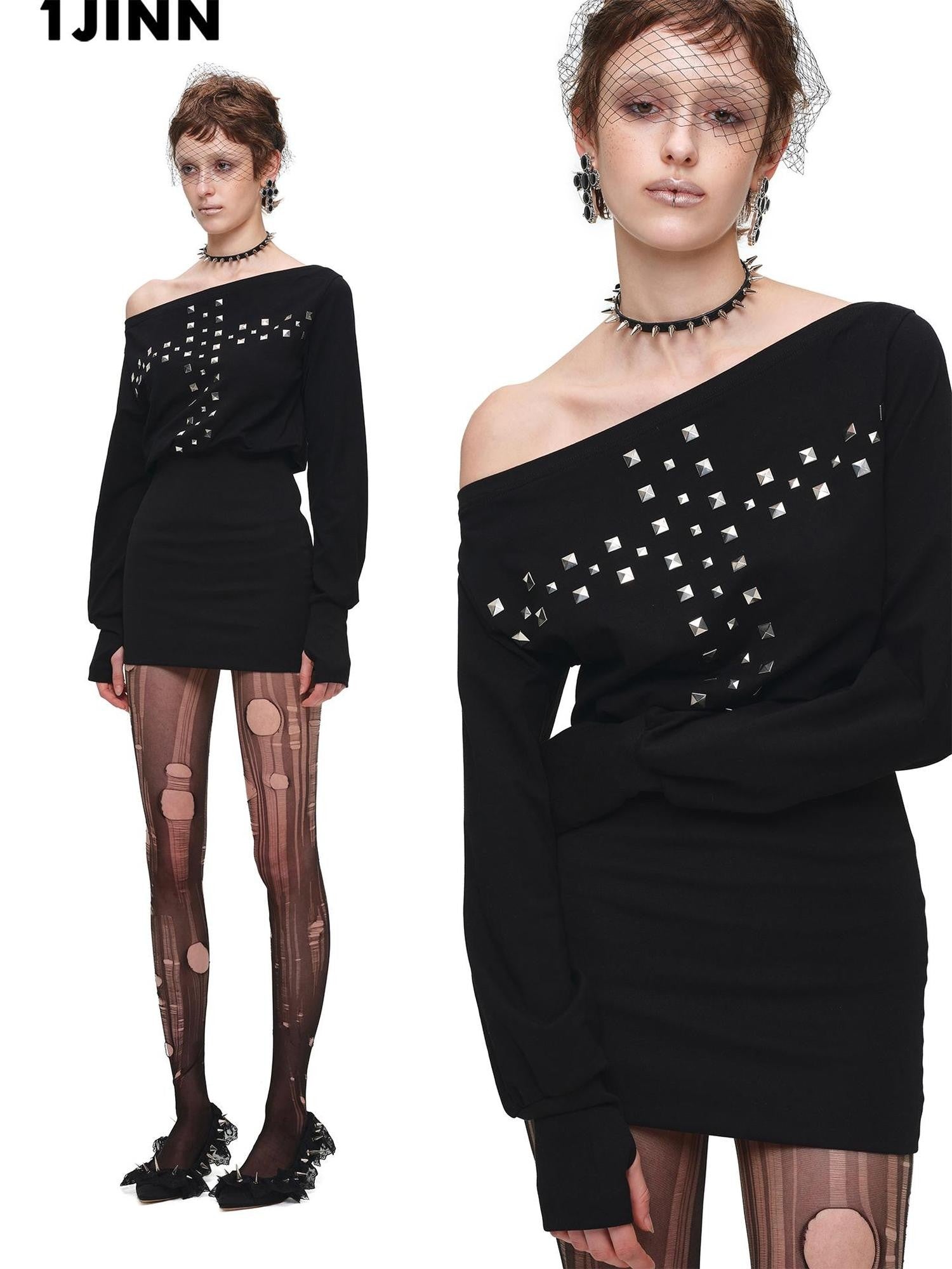 1JINN STUDIO Handmade Cross Studded One Shoulder Women&