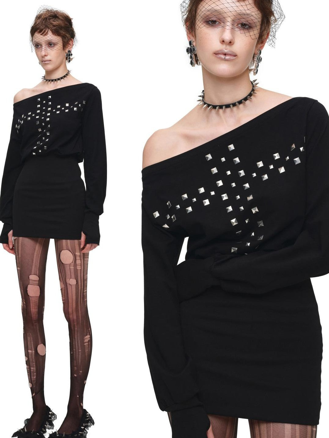 1JINN STUDIO Handmade Cross Studded One Shoulder Women&