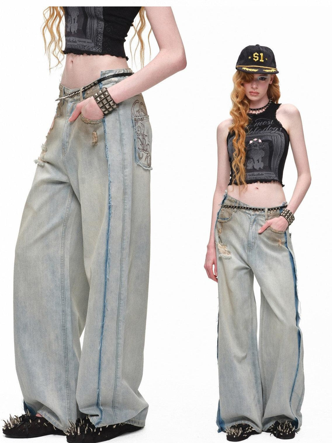 1JINN STUDIO Heavy Deconstructed Distressed Embroidered Mud Dyed Women&