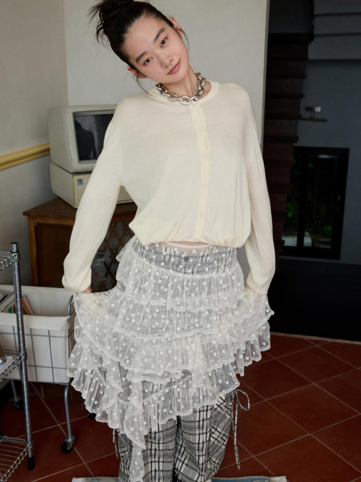 1JINN STUDIO Henley Collar Bud Sleeve Waist Cinched Women&