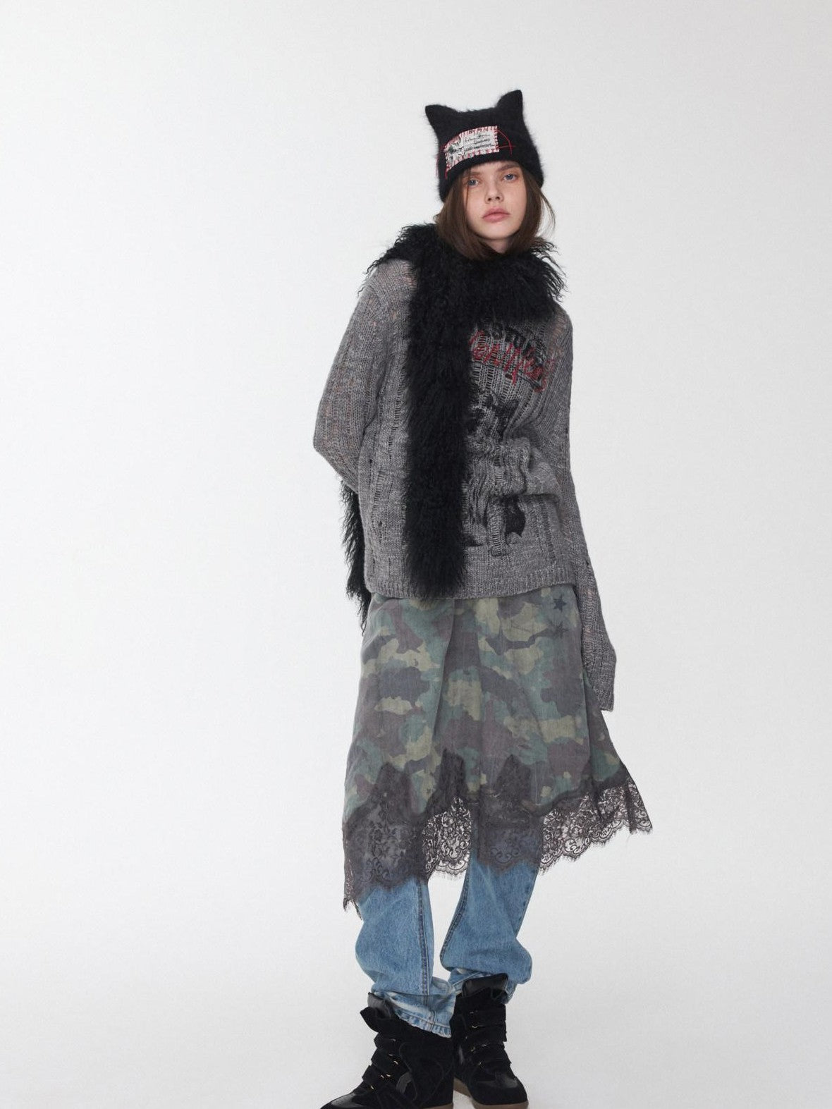 1JINN STUDIO Iceland Animal Print Openwork Ripped Women&