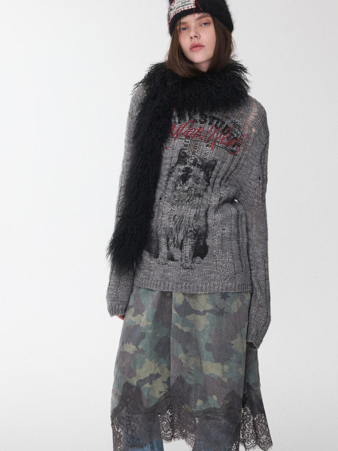 1JINN STUDIO Iceland Animal Print Openwork Ripped Women&