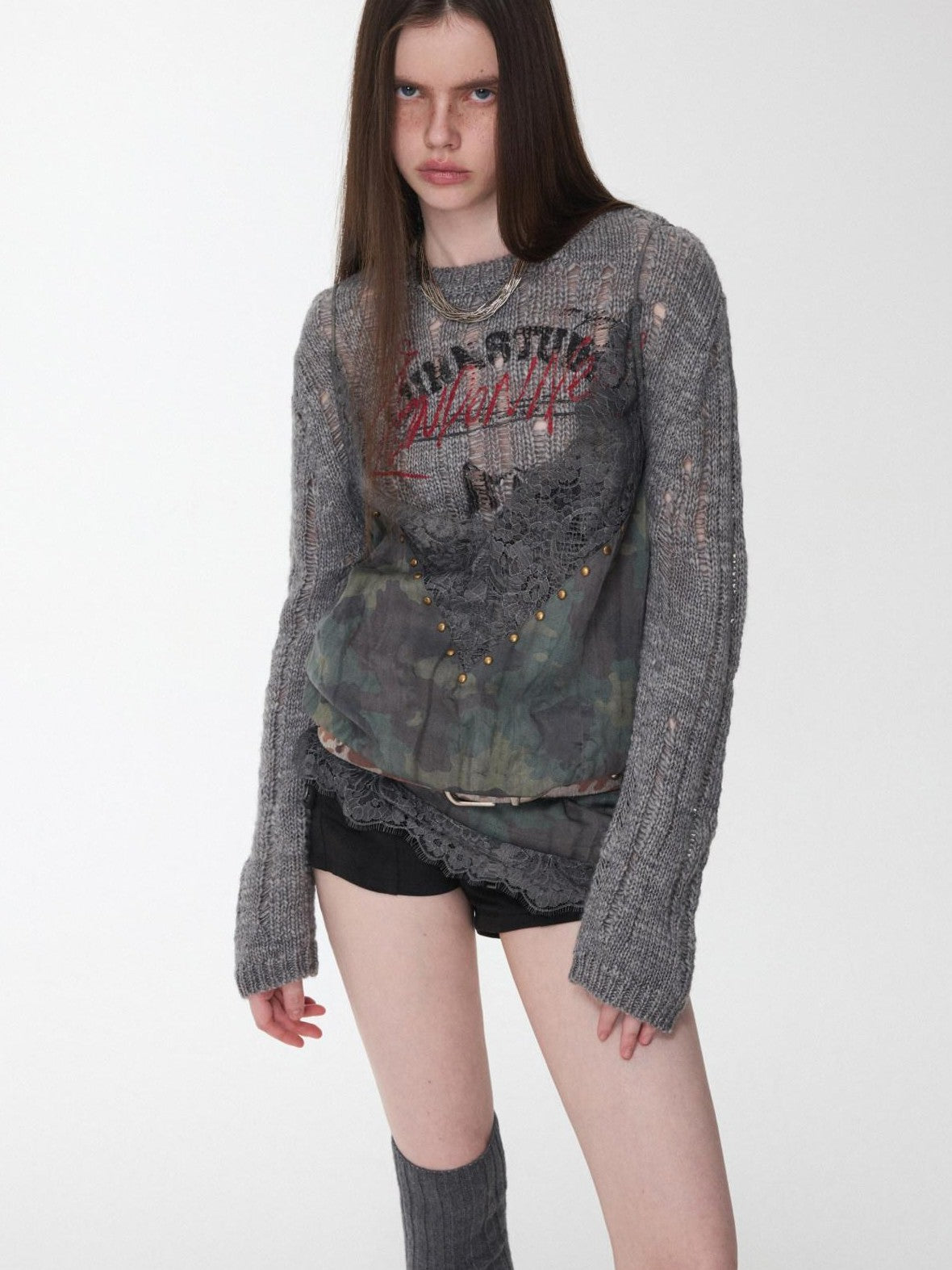 1JINN STUDIO Iceland Animal Print Openwork Ripped Women&