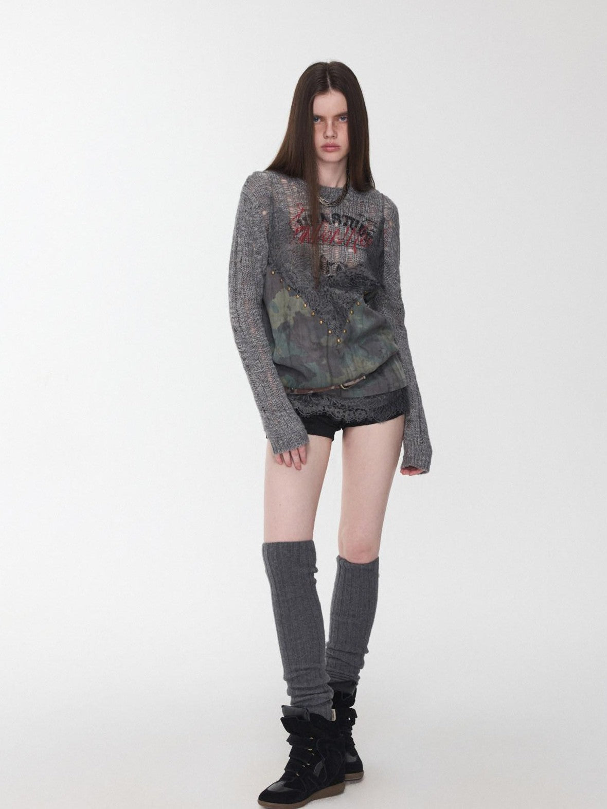 1JINN STUDIO Iceland Animal Print Openwork Ripped Women&