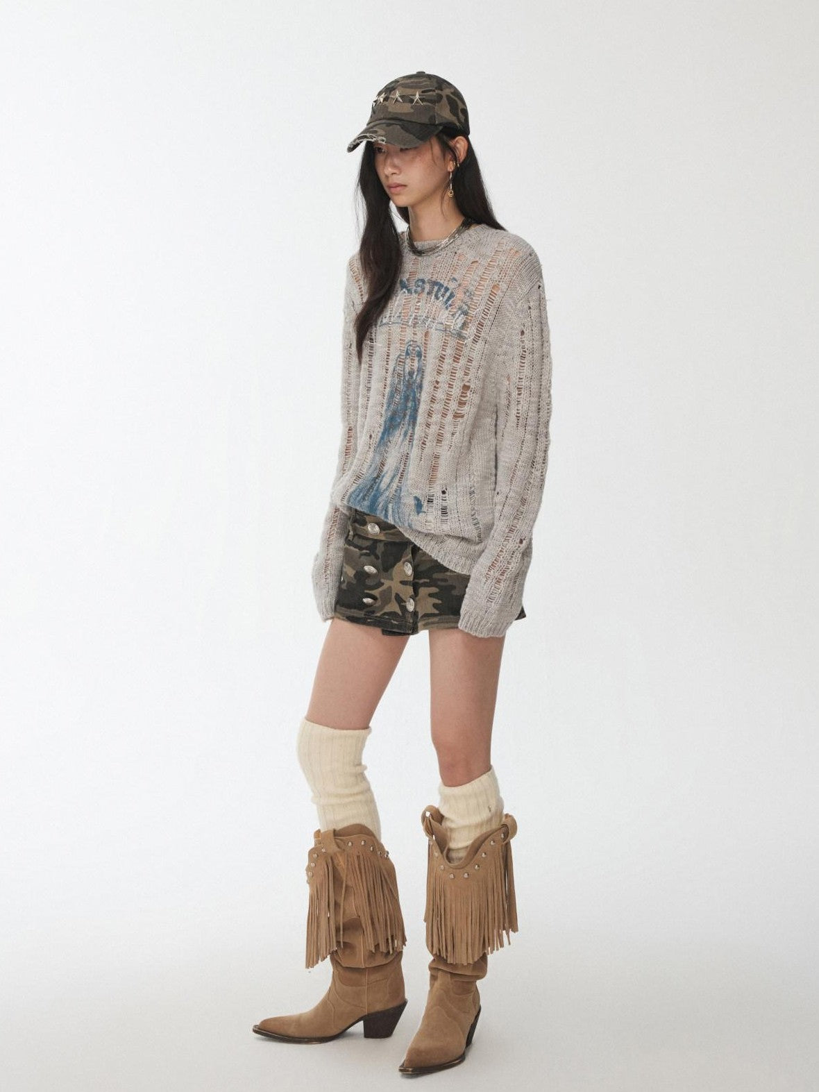 1JINN STUDIO Iceland Animal Print Openwork Ripped Women&