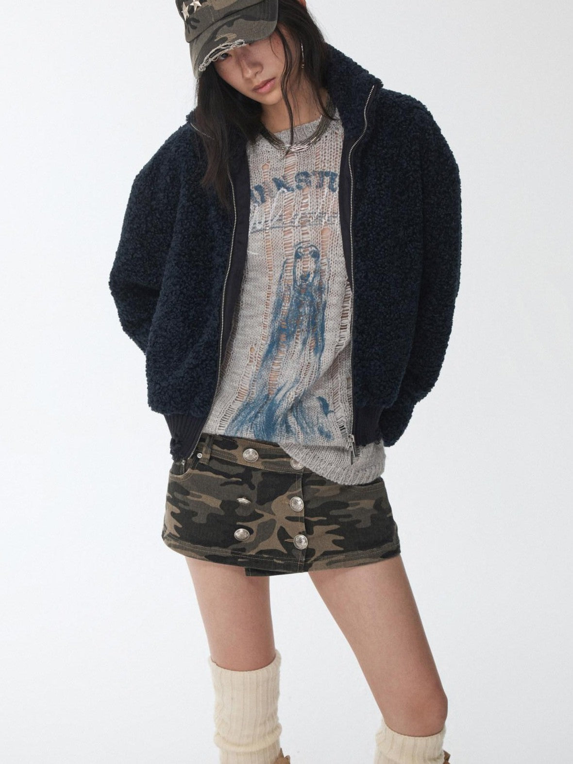 1JINN STUDIO Iceland Animal Print Openwork Ripped Women&