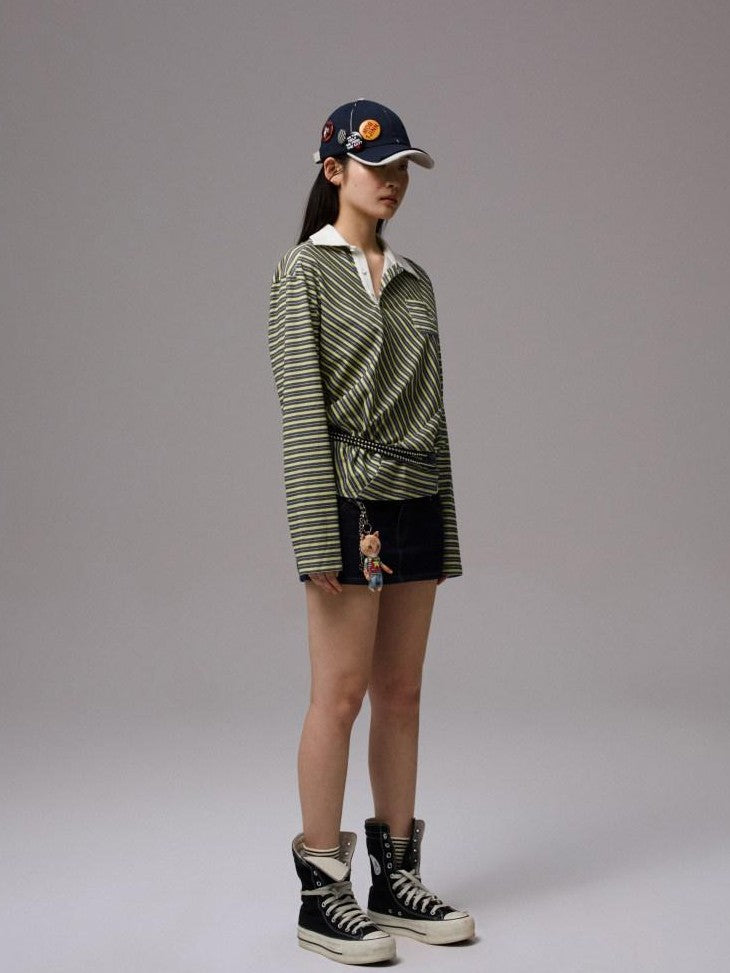 1JINN STUDIO Irregular Colorblock Stripes Henley Collar Polo Women&