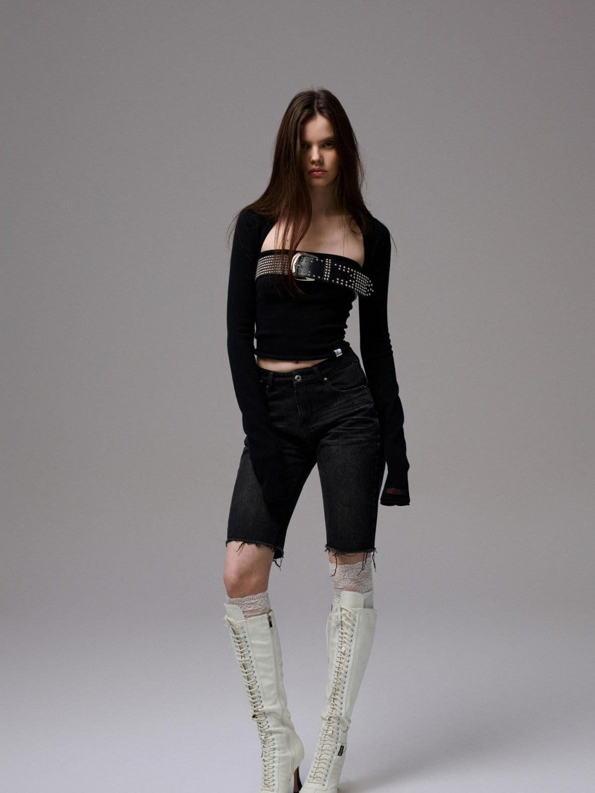 1JINN STUDIO Knit Solid Rolled Edge Straight Neck Women&