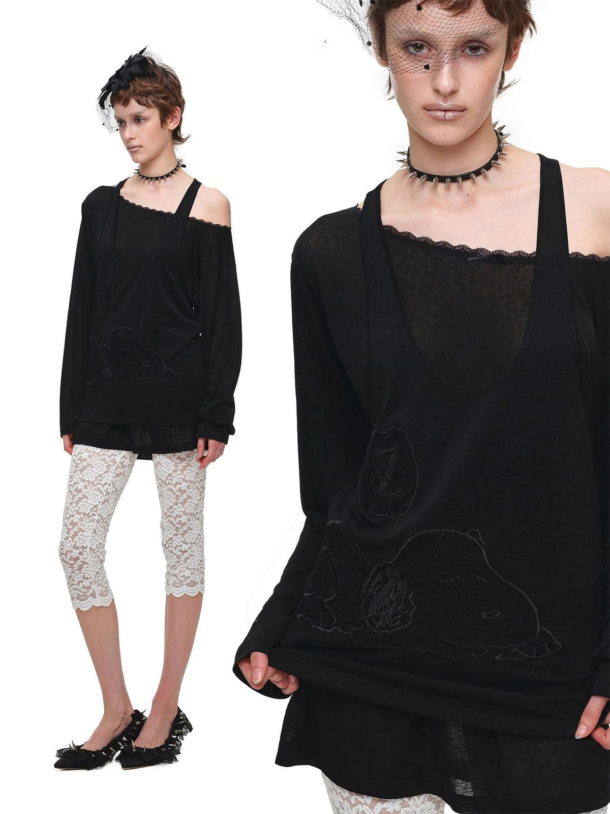 1JINN STUDIO Lace Applique Two Piece Layered Loose Women&