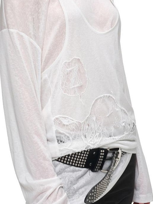 1JINN STUDIO Lace Applique Two Piece Layered Loose Women&