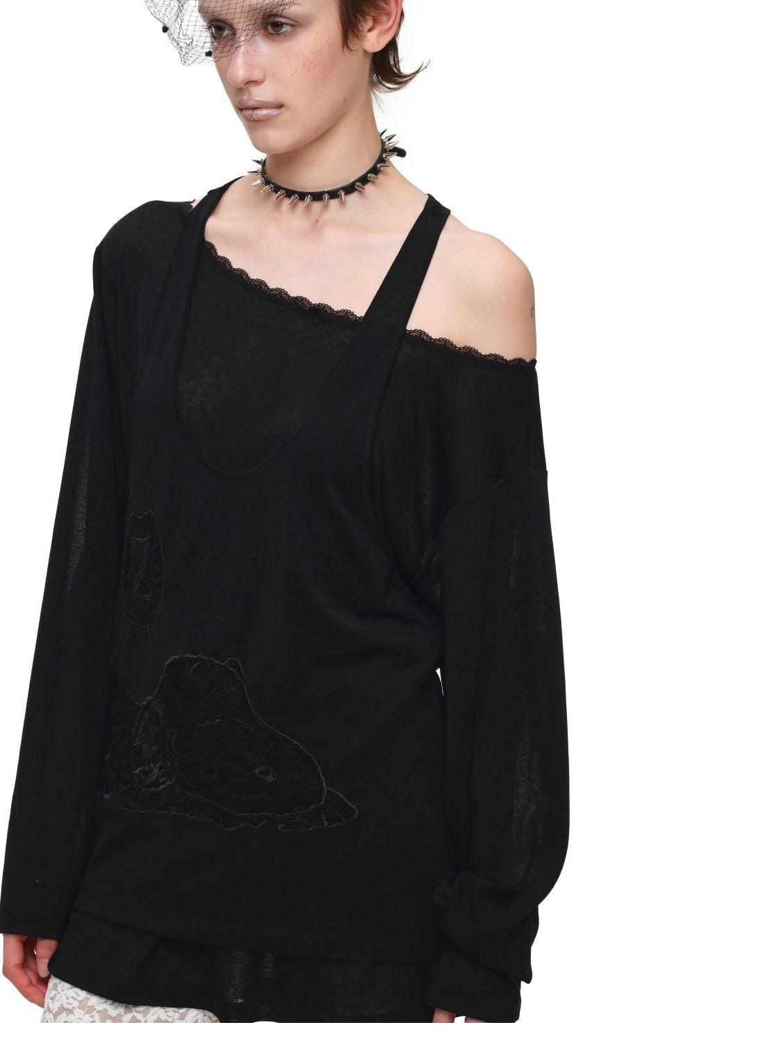 1JINN STUDIO Lace Applique Two Piece Layered Loose Women&
