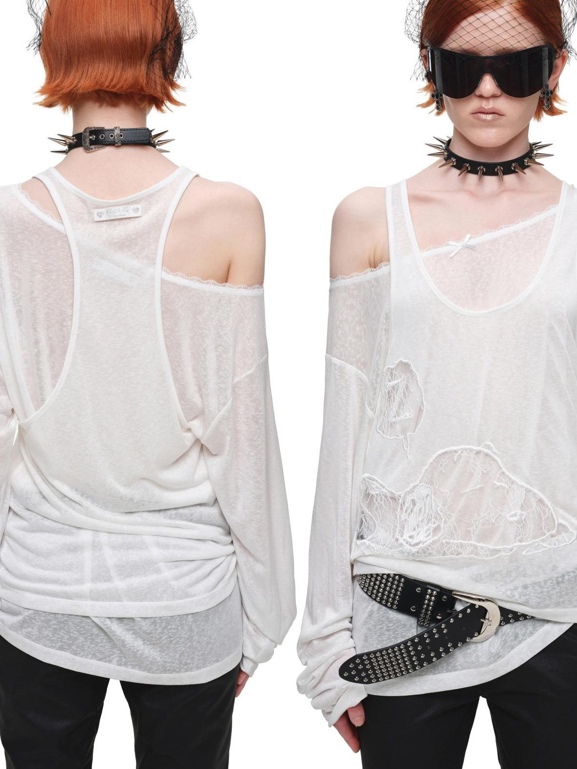1JINN STUDIO Lace Applique Two Piece Layered Loose Women&