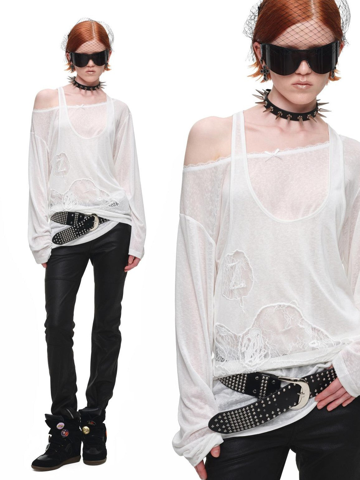 1JINN STUDIO Lace Applique Two Piece Layered Loose Women&