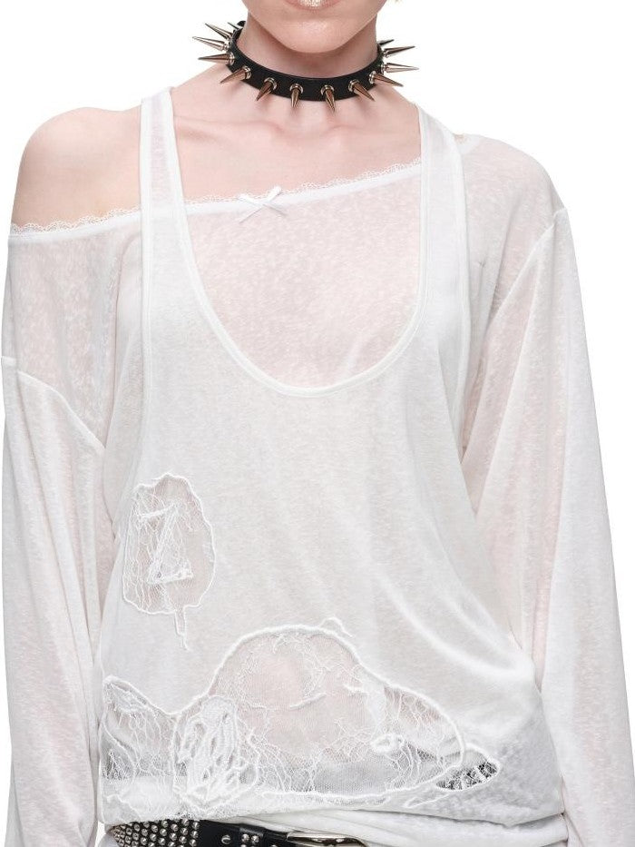 1JINN STUDIO Lace Applique Two Piece Layered Loose Women&
