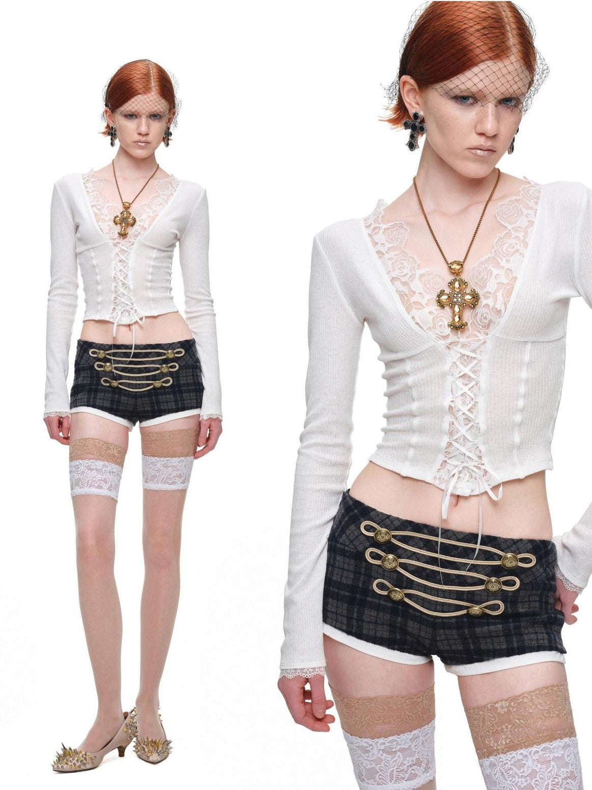1JINN STUDIO Lace Panel V-neck Slim Fit Women&