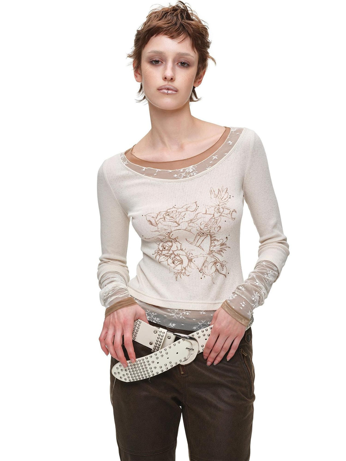 1JINN STUDIO Lace Splice Colorblock Printed Rhinestone Women&