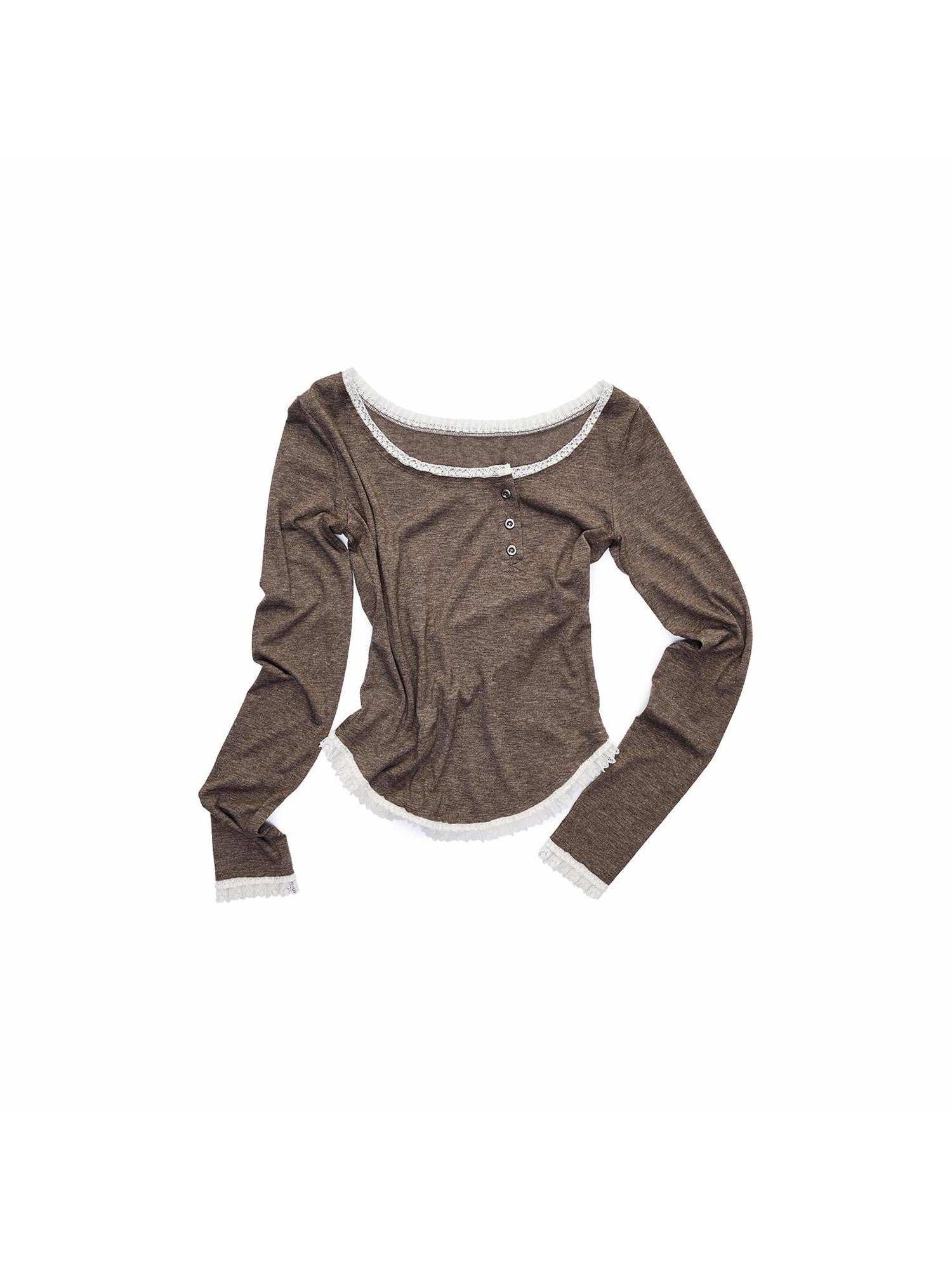 1JINN STUDIO Lace Trim Henley Collar Diagonal Placket Women&