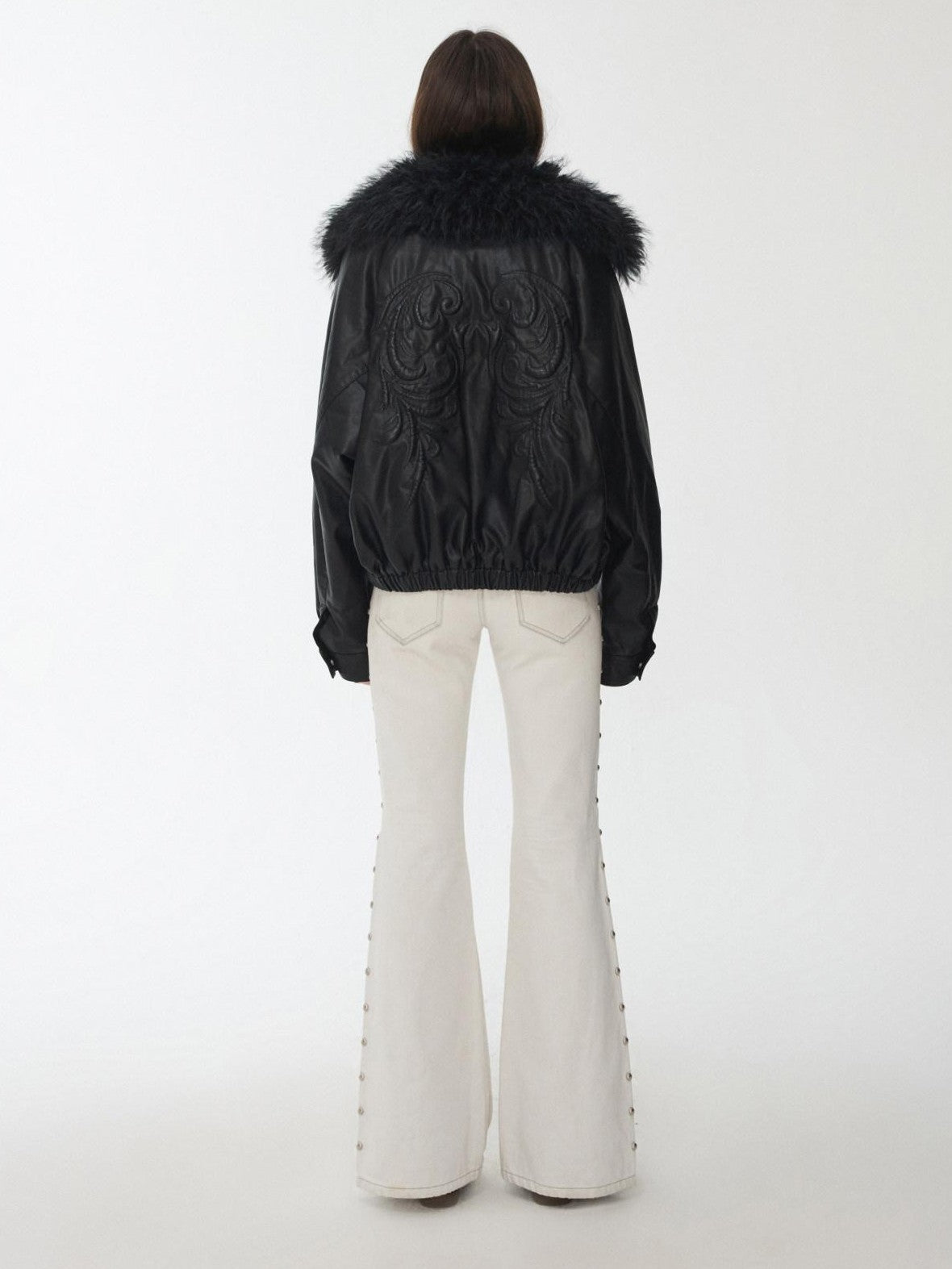 1JINN STUDIO Large Fur Collar Embossed Embroidery Padded Loose Fit Women&